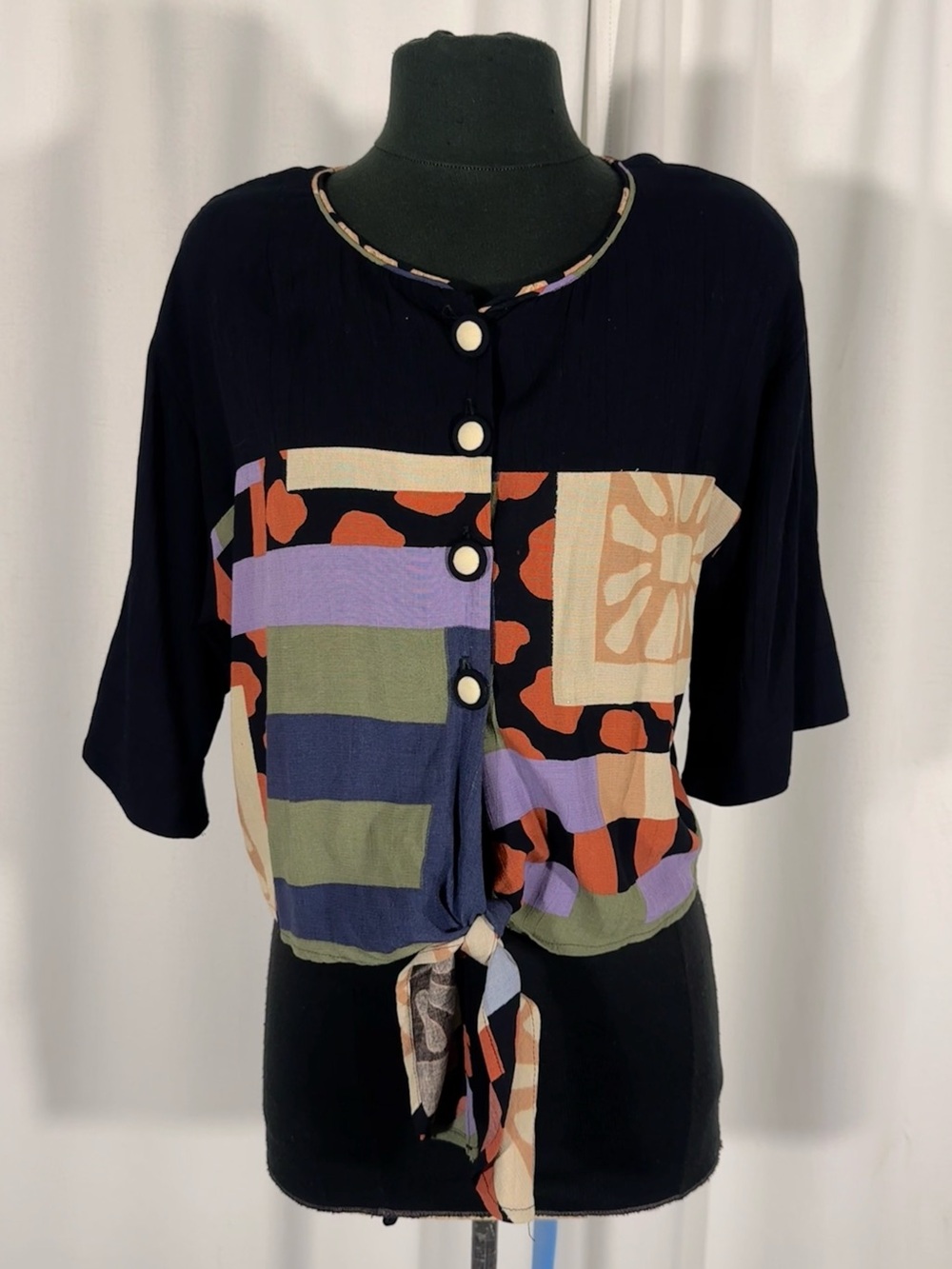 Vintage 80s Componix Abstract Tie Front Blouse